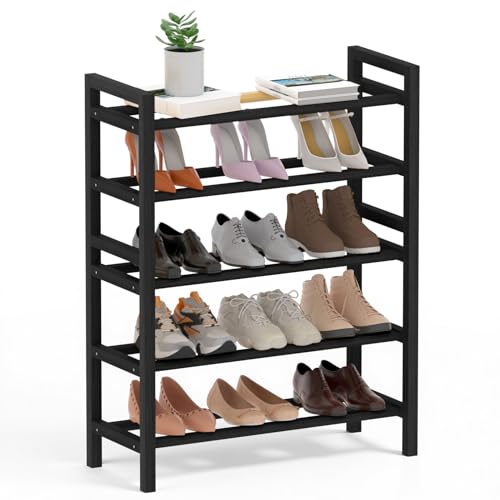 Haddockway Bamboo Shoe Rack for Closet, Free Standing Shoe Organizer with Smooth Round Rods & Convenient Handles, Stackable Shoe Storage Shelf for Entryway, Hallway(Black, 5-Tier(Small)) - color: Black, size: 5-Tier_Small