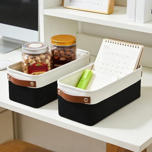 Bagnizer Small Fabric Storage Baskets, 15x6x5 inch Narrow Storage Bins 4-Pack Long Storage Basket for Organizing with Handles, Decorative Basket for Closets, Shelves, Toilet Paper, Black - color: Black / Off-White, size: Narrow-15"x6"x5"