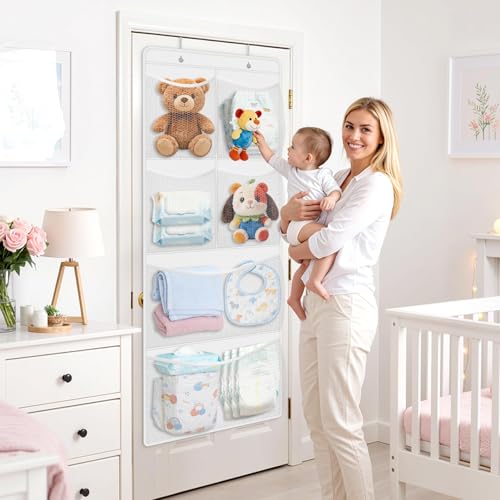 SpaceHacks Stuffed Animal Storage - Large Over the Door Organizer with 6 Expandable Mesh Pockets & Metal Hooks, Non-Woven Fabric Hanging Plush Items Holder for Nursery, Bedroom, Playroom (White) - color: White