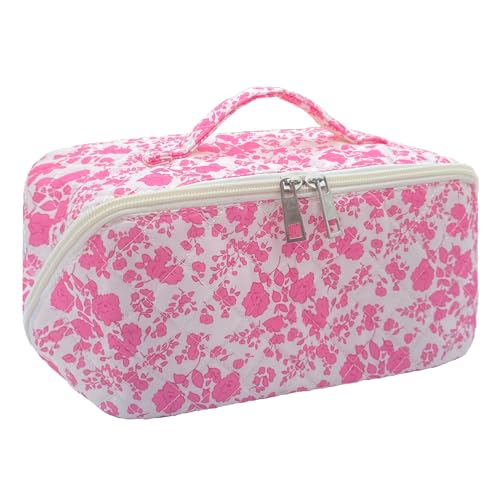 Pink Large Quilted Floral Makeup Bag Cute Coquette Aesthetic Cosmetic Bag Open Flat Travel Toiletry Make up Bag for Women - color: C-lay flat pink