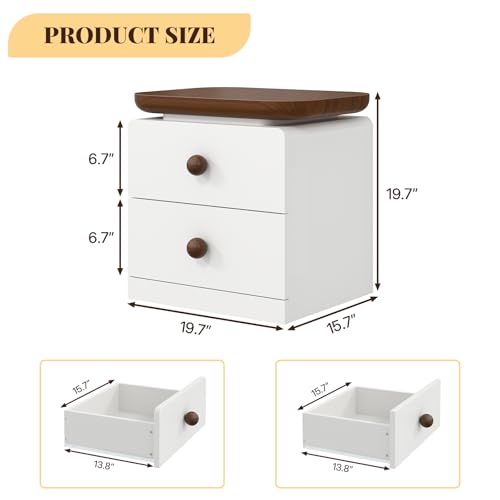 IKENO Wooden Nightstand with 2 Drawers, Large End Table with Stroage, Multifunctional Side Table for Bed Room, Living Room, Reception Room, Brown and White