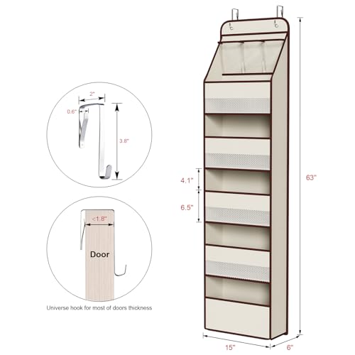 Univivi 6-Shelf Over Door Hanging Organizer Fabric Baby Door Storage with 5 Large Pockets and 3 Small PVC Pockets Wall Mount Hanging Storage Organizers for Baby Essential (Beige) - color: Beige, size: 6 LAYER