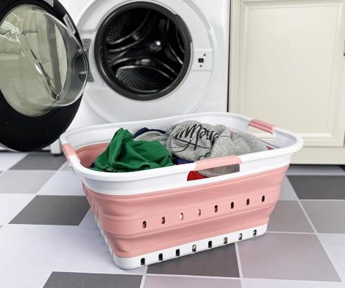 SAMMART 42L (11 gallon) Collapsible Plastic Laundry Basket - Foldable Pop Up Storage Container/Organizer - Space Saving Hamper/Basket (1, White/Quartz Pink) - color: White/Quartz Pink