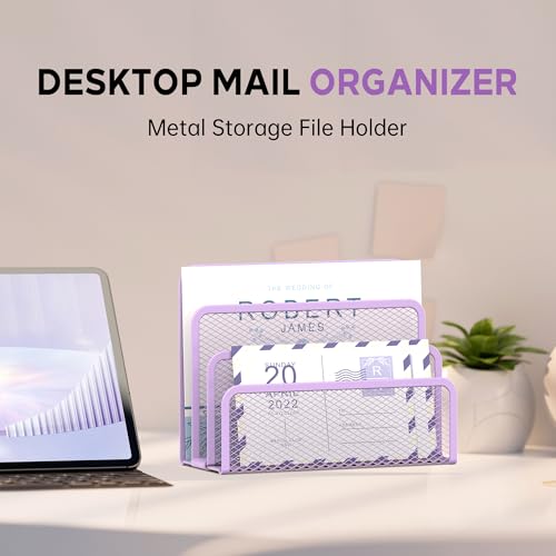 SUPEASY Mail Organizer for Desk, Mesh Metal Mail Holder Countertop with 3-Slot, Letter Sorter File Holder, Office Envelope Organizer for Mails (Purple) - color: Purple