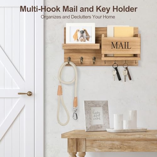 Lwenki Mail Organizer for Wall Mount – Key Holder with Shelf Includes Letter Holder and Hooks for Hallway Farmhouse Decor – Rustic Wood with Flush Mounting Hardware (16.5” x 9.1” x 3.4”) (Wood) - color: Wood