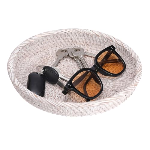 Hipiwe Round Key Bowl for Entryway, 9" Decorative Rattan Tray Woven Wicker Storage Holder Serving Basket Tray for Fruit Snacks Candy, Whitewash - color: Whitewash, size: Small, 8.6"