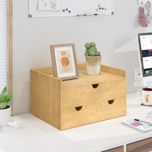 Bamboo Desk Drawer Organizer, Large Desktop Organizer with Drawers Tabletop Storage Organization Box for Office Home Toiletries Supplies Vanity, No Assembly Required (3 Drawer with Shelf) - color: 3 Drawers with shelf-U1D2, size: Small