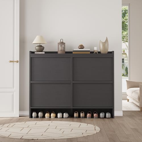 GarveeHome Shoe Cabinet with 4 Flip Drawers, Wooden Shoe Organizer Cabinet with Adjustable Shelf, Shoe Storage for Entryway, Hidden Shoe Cabinet for Hallway, Living Room, Black - color: Black, size: 4-Drawers