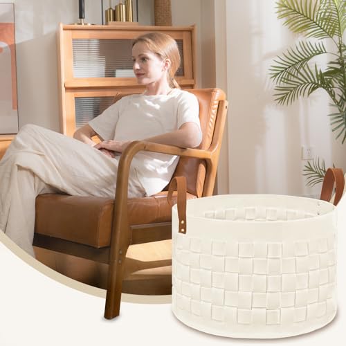 BOLDMONEKY Blankets Basket 20" x20 " x11.8 ", Large Round Laundry Hamper with Leather Handle, Soft Dog Toy Woven Basket for Storage-Beige - color: Beige