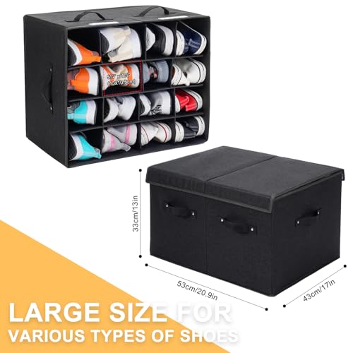 Shoe Organizer for Closet, Foldable Shoe Storage Box with Adjustable Dividers, Large Space Saving Shoe Storage Container Fits up to 16 Pairs with Reinforced Handles (Black) - color: Black