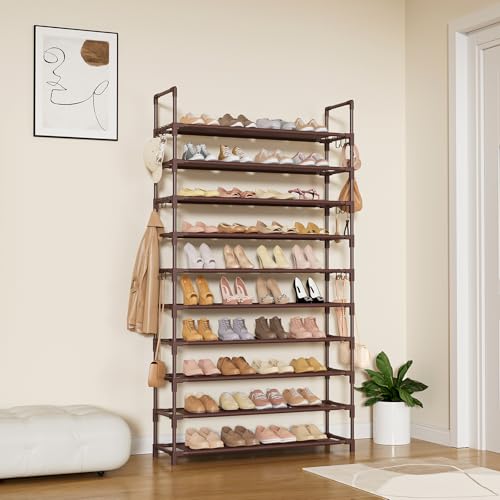 LANTEFUL Tall Shoe Rack 10 Tier Shoe Organizer Large Shoe Shelf with 18 Hooks Storage for 50 Pair Sneaker and Boot, Stackable Vertical Shoe Rack Organizer for Closet, Entryway, Bedroom, Brown - color: Brown, size: 10 Tier-68" High-34" Wide