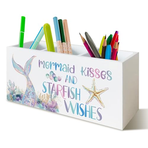 Pastel Mermaid Beach Pen Pencil Holder Organizer for Desk, Mermaid Gifts for Girls Women, Coastal Ocean Starfish Coral Wooden Box Block Sign for Home Classroom Dorm Office Tabletop Decor - color: Mermaid
