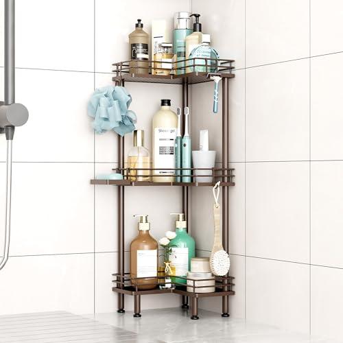 HapiRm Corner Shower Caddy Standing - 3 Tier Shower Organizer Corner with Soap Holder, Rustproof Bathroom Standing Organizer with 4 Hooks, Bronze - color: Bronze, size: 3-tier