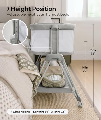 Fodoss Bedside Bassinet for Baby with Wheels, All Mesh Bedside Crib with Storage Basket, Hight Adjustable and Easy Assembly - color: Light Grey Tweed