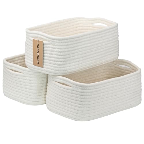 Small Storage Baskets for Organizing, Woven Storage Bins for Shelves, Gift Basket Empty, Cute Decorative Closet Organizer, Baby Rope Basket, Dog Toy Storage, 11x7.5x4.5”, 3Packs White - color: White, size: S