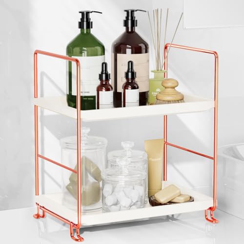 FSyueyun 2-Tier Bathroom Countertop Organizer, Tool-Less Installation Premium Plastics Makeup Shelf Organizer Perfume Skincare for Dresser Vanity Tray Organizers and Storage (Rose Gold) - color: Rose Gold