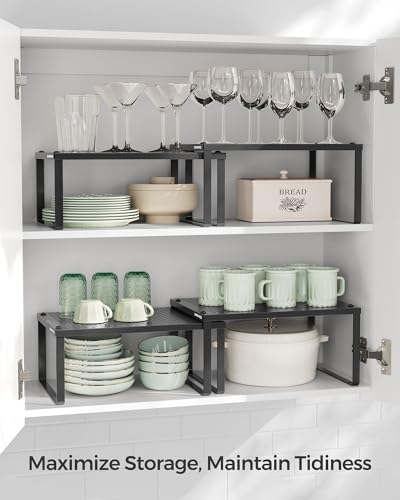 SONGMICS Spice Racks, Set of 2 Metal Cabinet Shelf Organizers, Countertop Organizers, Shelf Risers, Stackable, Expandable, Ink Black UKCS001B01 - color: Ink Black, size: 9"D x 12.6"W x 6.1"H + 8.6"D x 12.6"W x 5.4"H