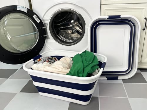 SAMMART Collapsible Plastic Laundry Basket with Handle/Foldable Pop Up Storage Hamper/Portable Laundry Organizer-Space Saving Washing Tub/Household Storage (White/Starry Blue, 42L (Set of 2)) - color: White/Starry Blue, size: 42L (Set of 2)