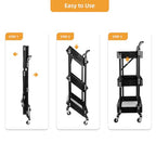 3 Tier Foldable Rolling Cart with Wheels, Folding Utility Cart Organizer, Collapsible Rolling Storage Cart with 3 Hanging Cups & 6 Hooks for Kitchen, Office, Nursery(Black) - color: Black