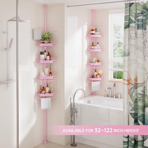 Sturdy Pink Corner Shower Caddy - 4 Tier Adjustable Organizer, Rustproof Stainless Steel, 32-122 Inch - color: Pink