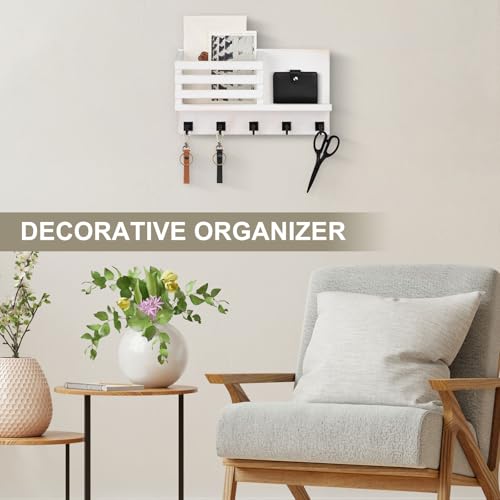 Key Holder Wall Mount, Mail Organizer for Wall with 5 Square Rustic Key Hooks Key Shelf Farmhouse Home Decor for Entryway - color: Whitewash
