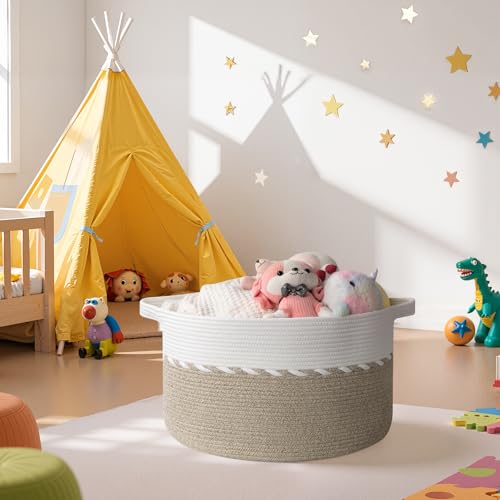 OIAHOMY 105L Blanket Basket for Living Room, Large Basket 23.6" x 23.6" x 14.6" with Handle, Laundry Hamper for Blankets, Pillows, Toy Storage for Kids, Dogs - Light Brown & White - color: Light Brown & White, size: 23.6" x 23.6" x 14.6"
