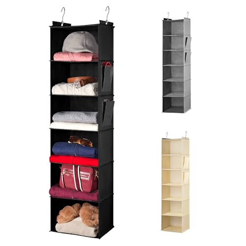 Handy Laundry Hanging Closet Organizer - 6 Shelf Storage for Clothes, Sweaters, Shoes & Accessories - Space-Saving Wardrobe Shelves with Hooks for Dorm, RV & Small Closet Organization (Black) - color: Black