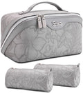 BOYATU Travel Makeup Bags Cosmetic Organizer Bag: 3-Set Large Capacity Make up Bag - PU Leather Toiletry Bags for Women - Wide Open Portable Pouch with Divider & Handle (16-Grey-2) - color: 16-Grey-2
