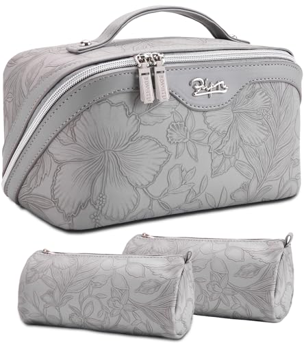 BOYATU Travel Makeup Bags Cosmetic Organizer Bag: 3-Set Large Capacity Make up Bag - PU Leather Toiletry Bags for Women - Wide Open Portable Pouch with Divider & Handle (16-Grey-2) - color: 16-Grey-2