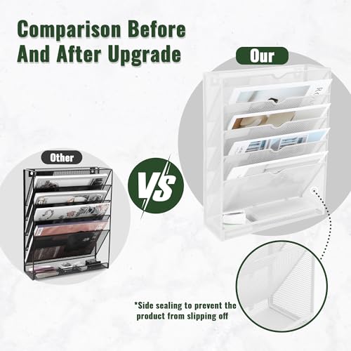 EASEPRES 6 Tier Mesh Hanging Wall File Organizer, Desk Vertical Mail Paper Document Folder Holder Rack with Bottom Tray and Nametag Label for Office Home School, White - color: White, size: 6 Tier