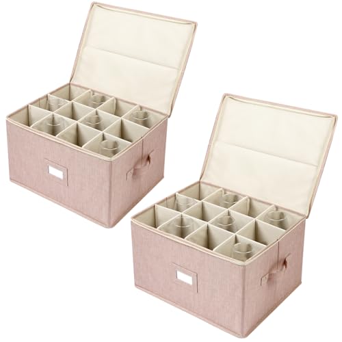 popoly Wine Glass Storage Box 2 Pack, Stemware Storage Containers Cases with Dividers, Stackable Moving Supplies for 24 Wine Glasses, Drinkware, Glassware or Crystal, (Beige) - color: Beige 2PACK