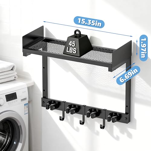 HUFAND Broom Holder Wall Mount, 15" Large Mop and Broom Organizer Wall Hanging with Top Storage Shelf, Heavy Duty Iron Utility Rack for Laundry Room, Garage, Kitchen, Garden - Black - size: small