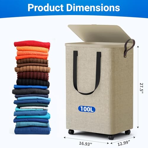 Laundry Basket with 5 Wheels, Tall Dirty Laundry Hamper, Rolling Laundry Basket with Lid, Large 100L Collapsible Clothes Hamper for Laundry Room Bedroom Bathroom Dorm, Khaki - color: khaki, size: 100L