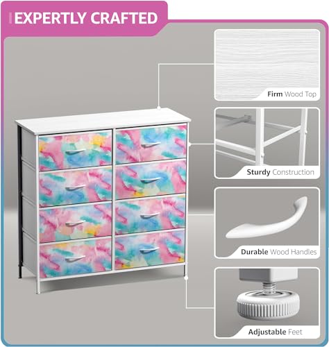 Sorbus Kids Dresser with 8 Drawers - Storage Chest Organizer Unit Nightstand - Steel Frame, Wood Top, Tie-Dye Fabric Bins for Clothes - Wide Furniture for Bedroom, Hallway, Nursery, Closet, Apartment - color: Watercolor, style: 8-Drawer