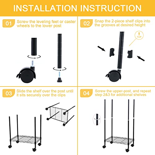 YSSOA Heavy Duty 6-Shelf Shelving with Wheels, with Hanging Hooks, Wire Shelving, Adjustable Storage Units, 29'' D x 14'' W x 70'' H, 6 Tier, Black - size: 6-Tier, 70 inch Taller