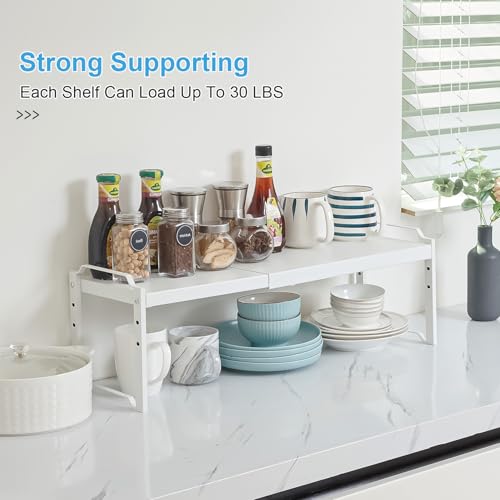 Set of 2 Expandable Kitchen Cabinet Shelves Organizers, Stackable Adjustable Small Storage Shelf Rack Stand For Pantry Cabinet Cupboard Kitchen Counter Organization, 22 lbs Capacity, Length:20.5" - color: White, size: 2 Pack: 12.6"-20.5"L