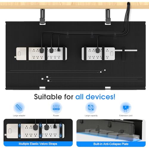 Under Desk Cable Management Tray, 40-inch No-Drill Cord Organizer with Anti-Sag Reinforced Base, Fabric Wire Management Hider for Standing Desk, Office & Gaming Accessories - Black - color: Black, size: 40 inch