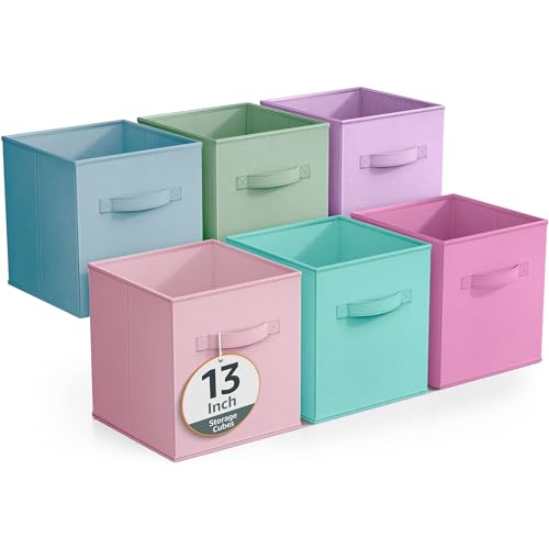 Sorbus Fabric Storage Cubes - 6 Foldable Storage Bins for Organizing Pantry, Cubbies, Toy Box - Clothes Storage & Closet Organizer - 13 Inch Collapsible Cube Baskets for Shelves with Handle - color: Pastel Multi-Color 2, size: 13 Inch