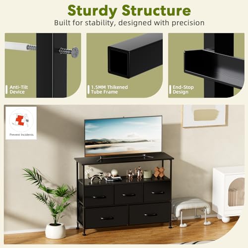 Simple Deluxe TV Stand Dresser for Bedroom Entertainment Center with 5 Fabric Drawers, Storage Organizers Units for Living Room, Media Console Table with Open Shelf up for 45" TV, Black, Wood top - color: Black, size: 39.3"D x 11.8"W x 31.8"H (5 Drawers)