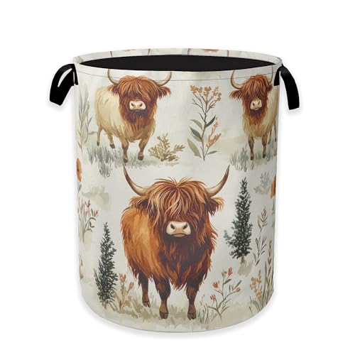 Laundry Hamper,Highland Cow Laundry Basket,Farmhouse Watercolor Flower Portable Collapsible Laundry Room Organization Storage for Dorm Room,Nursery,Bathroom,Bedroom,16x20 Inch - color: Highland Cow