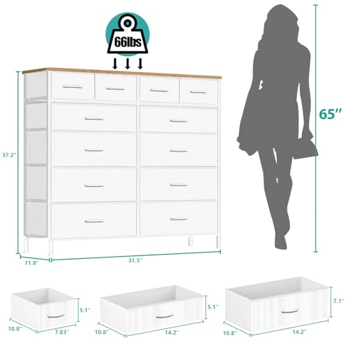 VASICAR Compact 12 Drawers Dresser for Bedroom, Fabric Storage Tower, Chest of Drawers with Retro Wood Top for Closet, Nursery, Living Room - color: Classic White