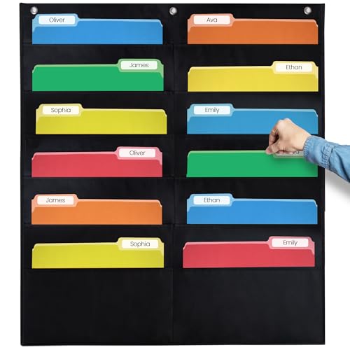 Essex Wares - 12 Pocket File Pocket Chart, Black, 14" Wide x 55" Tall - Versatile Wall Hanging File Folder Organizer for Classroom, Office, Home, and More - Wall Folder Organizer - 12 Pockets - size: 12 Pocket