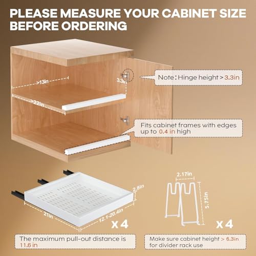 Seinloes 4 Pack Pull out Cabinet Organizer 21"Deep with Raising Pad for Framed Cabinets, Expandable Slide out Drawers for Kitchen Cabinets with 4pcs Divider Racks, Roll out Shelves 12.1"-20.4" W White - color: White, size: 12.1"-20.4"W x 21"D(4Pack)