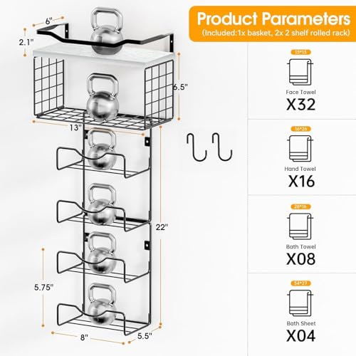 Towel Racks for Bathroom,Towel Rack Wall Mounted, 6 Tier Rolled Or Folded Towel Holder with Floating Shelves, Bathroom Towel Holder for Bath, Hand Towels,Metal,White Wood Panel - color: White Plack, size: J-type Black Rack