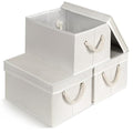 Set of 3 Fabric Bins for Organization - Foldable & Stackable With Lid & Rope Handles - Collapsible Fabric Storage Cubes Lightweight & Sturdy Bottom, Space Saving Collapsible Bin, Ivory
