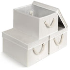 Set of 3 Fabric Bins for Organization - Foldable & Stackable With Lid & Rope Handles - Collapsible Fabric Storage Cubes Lightweight & Sturdy Bottom, Space Saving Collapsible Bin, Ivory