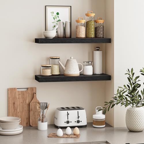 Fixwal Black Floating Shelves for Wall, 22" Long Wall Mounted Rustic Wood Shelves for Living Room, Bedroom, Bathroom and Kitchen, Wall Shelves for Storage, Books, Room Decor Set of 2 - color: Black, size: 22in