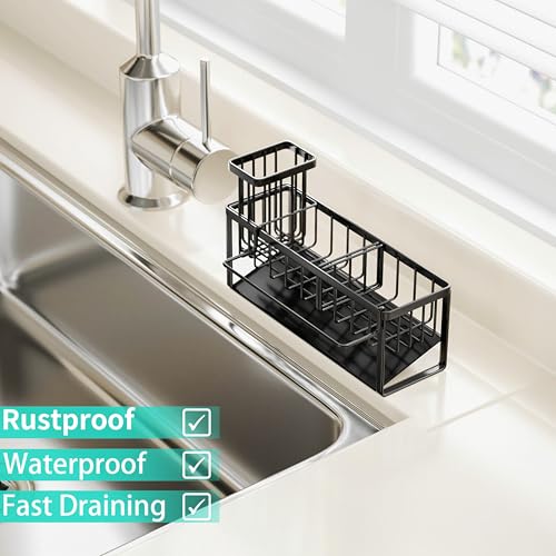 HapiRm Sponge Holder for Kitchen Sink - Self-draining Sink Caddy with Brush and Dishcloth Holders with Sloping Drainage - Black - color: Black-sloping, size: with Dishcloth Holder