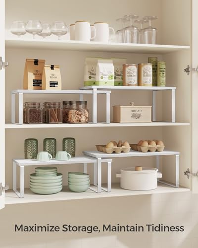 SONGMICS Cabinet Organizer Shelf, Set of 4 Kitchen Counter Shelves, Kitchen Storage, Spice Rack, Stackable, Expandable, Metal and Engineered Wood, Cloud White and Snow White UKCS028W01 - color: Cloud White + Snow White, size: 15.6"W