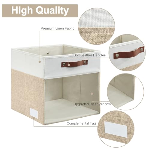 Bagnizer Storage Cubes, 4 Pack Linen Foldable Storage Bins (13 x 13 inch) with Clear Window and Handles, Fabric Organizer for Shelf Closet, Clothes, Books - (Beige and White) - color: Beige / Off-White, size: 13 x 13 x 13